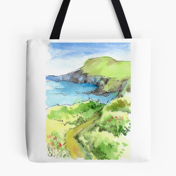 Item preview, Green Coastal Cliff Path to the Ocean - Watercolor Seascape designed and sold by Cjartgallery.