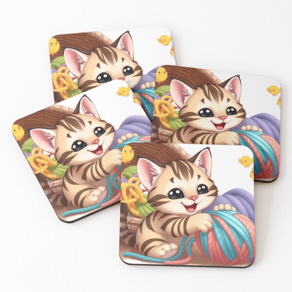 Item preview, Happy Tabby Kitten Playing with Yarn and Cute Little Birds designed and sold by Serene Strokes Art.