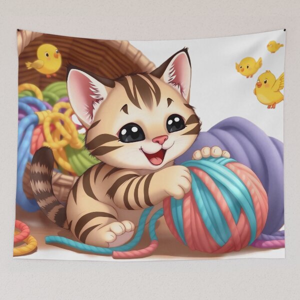 Item preview, Happy Tabby Kitten Playing with Yarn and Cute Little Birds designed and sold by Serene Strokes Art.