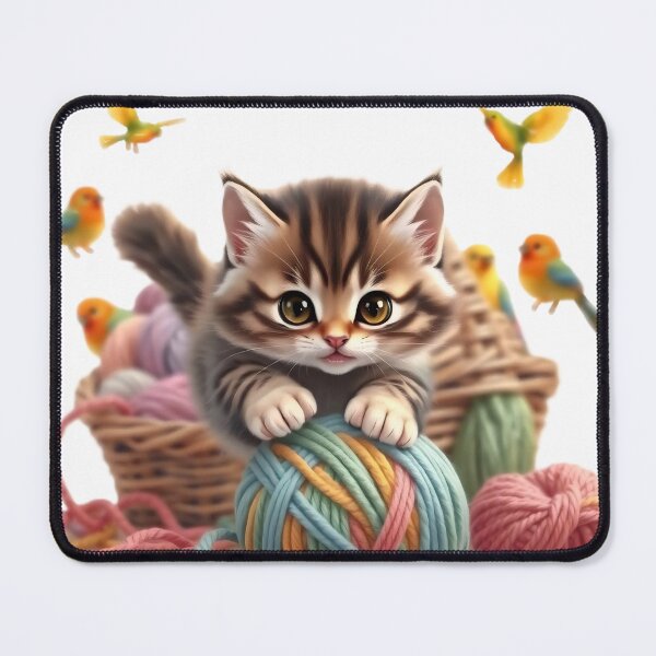 Item preview, Curious Tabby Kitten in Yarn Basket with Little Birds designed and sold by Serene Strokes Art.
