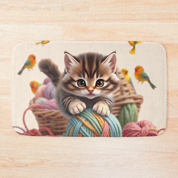 Item preview, Curious Tabby Kitten in Yarn Basket with Little Birds designed and sold by Serene Strokes Art.