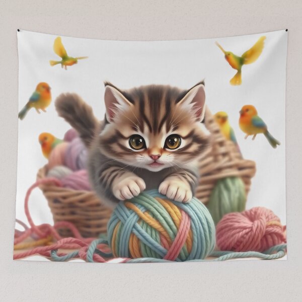 Item preview, Curious Tabby Kitten in Yarn Basket with Little Birds designed and sold by Serene Strokes Art.