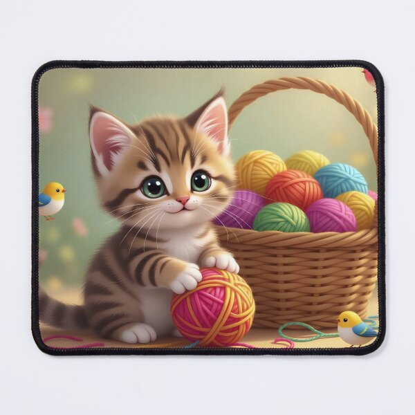 Item preview, Curious Tabby Kitten in Yarn Basket with Little Birds designed and sold by Serene Strokes Art.
