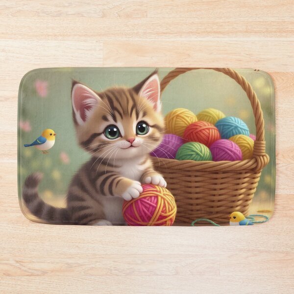 Item preview, Curious Tabby Kitten in Yarn Basket with Little Birds designed and sold by Serene Strokes Art.