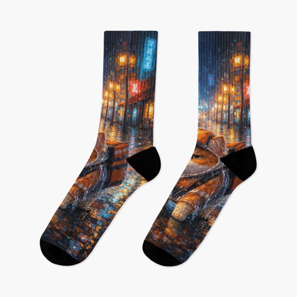 Item preview, Neon Rainy Night Food Runner Cat designed and sold by CataosMeow.