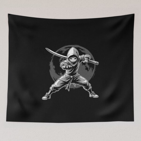 Item preview, BW Kunoichi Assassin - Ninja with Katana under the full moon designed and sold by A Greek geek Girl.