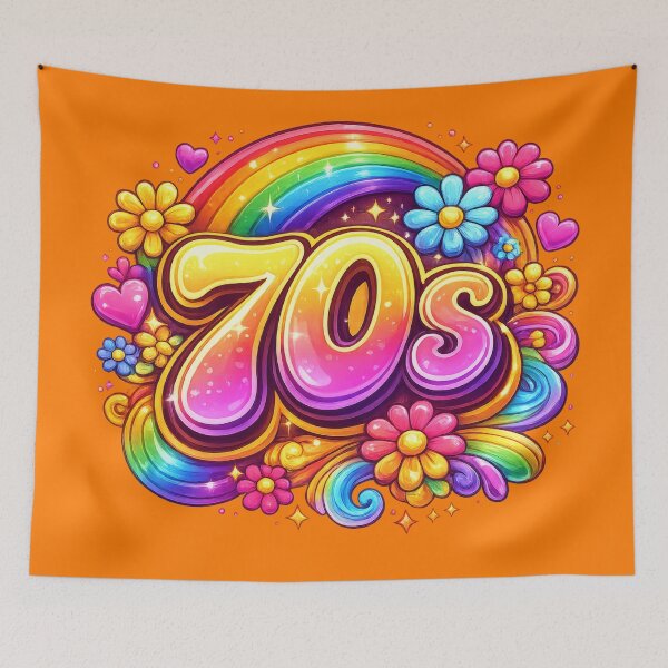 Item preview, Colourful Seventies Rainbow Floral Retro Typography Design designed and sold by ArtComixHaven.
