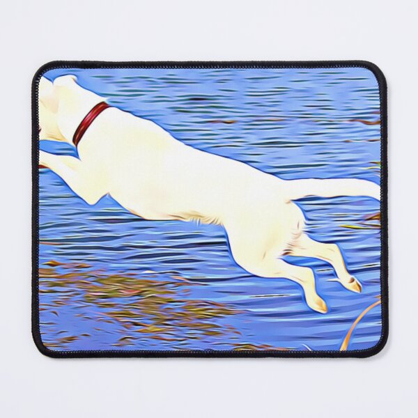 Item preview, Energetic white dog leaping over blue water. designed and sold by ZoroDesign.
