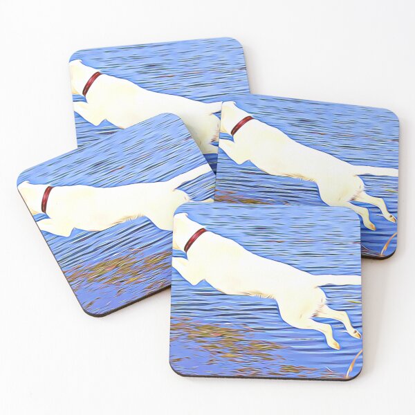Item preview, Energetic white dog leaping over blue water. designed and sold by ZoroDesign.
