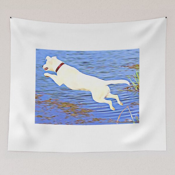 Item preview, Energetic white dog leaping over blue water. designed and sold by ZoroDesign.