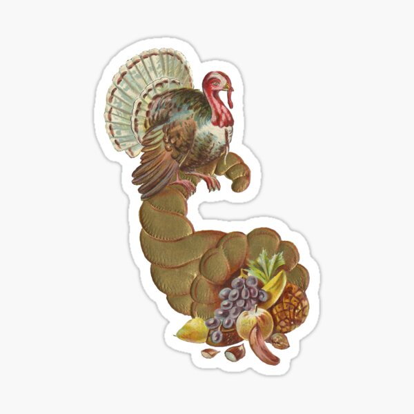 Turkey on Cornucopia, A Vintage Thanksgiving Glossy Sticker