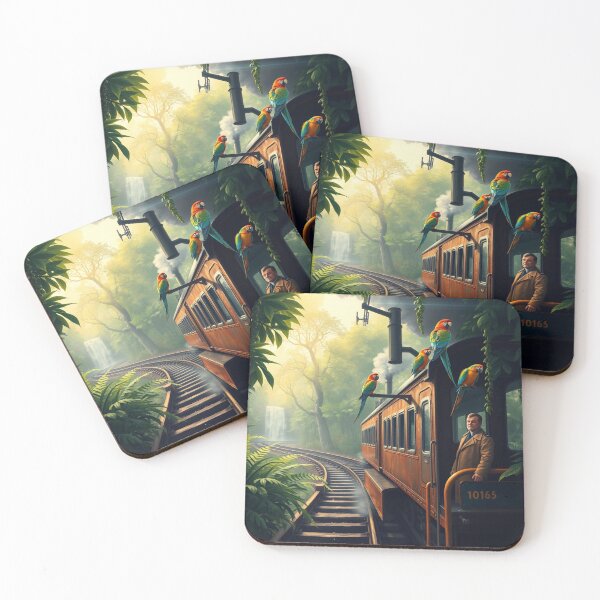 Item preview,  Colorful Parrots on Vintage Train – Tropical Waterfall Fantasy Art designed and sold by BeautifulVirtues.