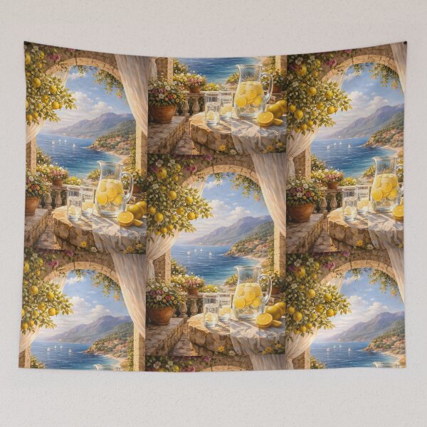 Item preview, Mediterranean Lemon Coast Window View Oil Painting Wall Art Print designed and sold by Teenidesign .