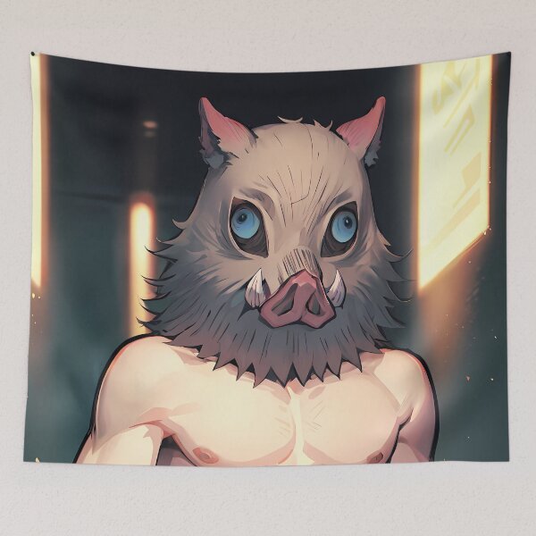 Item preview, Inosuke Hashibira Demon Slayer Boar Mask City Lights Night Portrait designed and sold by PMartistStudio.