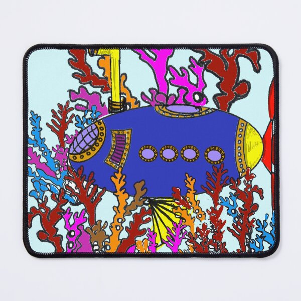 Item preview, whimsical steampunk submarine colourful underwater ocean scene in a coral reef designed and sold by empressbat merch.
