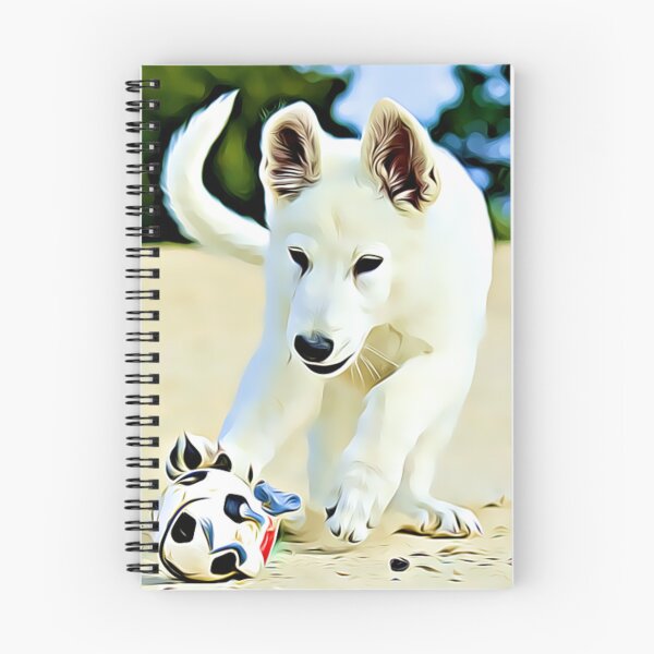 Aperçu de l'œuvre Un chiot blanc joueur s'amuse avec une balle. créée et vendue par ZoroDesign.