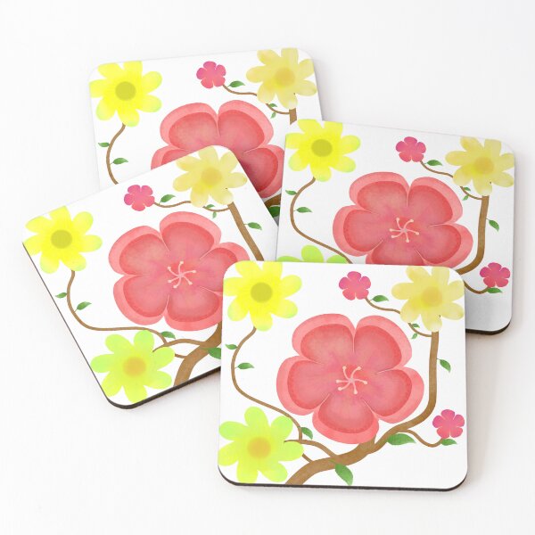 Item preview, Watercolor Pink Flower Branch with Yellow Daisies designed and sold by MigWhimsy.