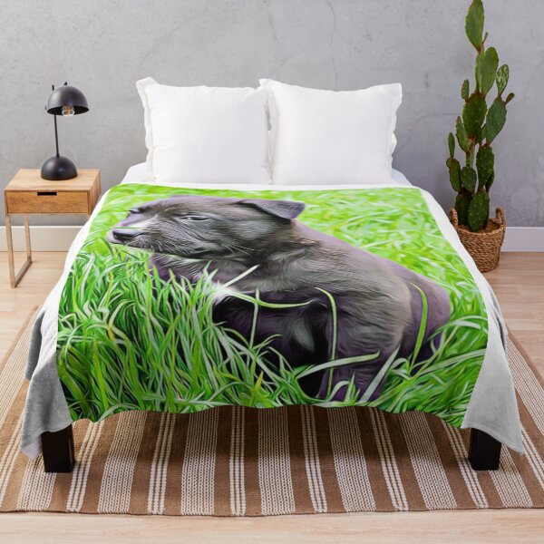 Item preview, A charcoal puppy sitting patiently amidst tall green grass. designed and sold by ZoroDesign.