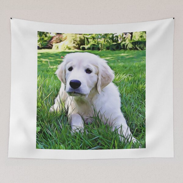 Item preview, A cute Golden Retriever puppy lying in a field of tall green grass. designed and sold by ZoroDesign.