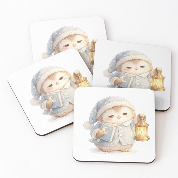 Item preview, Cute sleepy owl in blue pajamas holding a lantern and moon book designed and sold by jgvisualarts.