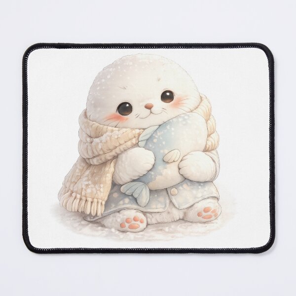 Item preview, Cute baby seal wearing a scarf and hugging a fish plush designed and sold by jgvisualarts.
