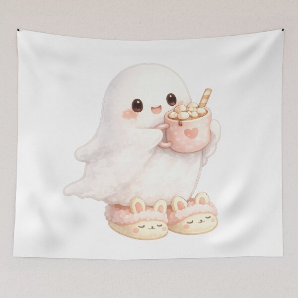 Item preview, Cute ghost holding hot cocoa in bunny slippers designed and sold by jgvisualarts.