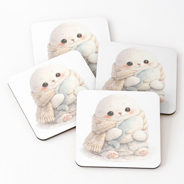Item preview, Cute baby seal wearing a scarf and hugging a fish plush designed and sold by jgvisualarts.