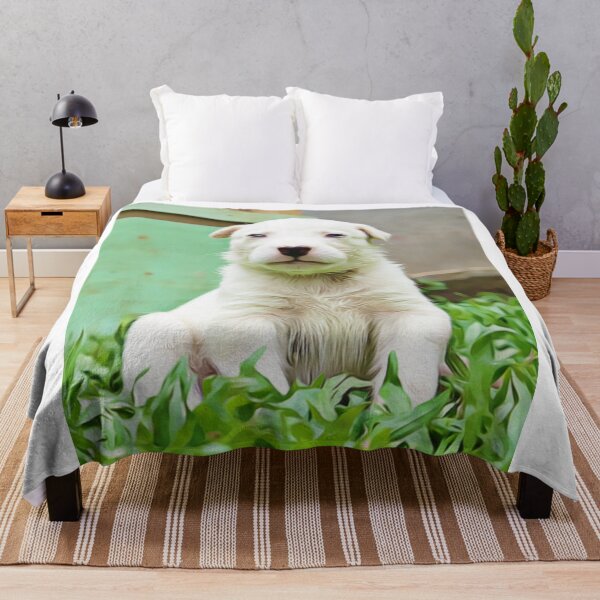 Item preview, White puppy sitting in the lush green grass. designed and sold by ZoroDesign.