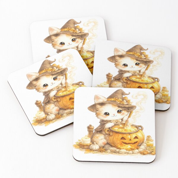 Item preview, Cute witch kitten stirring a glowing pumpkin cauldron designed and sold by jgvisualarts.