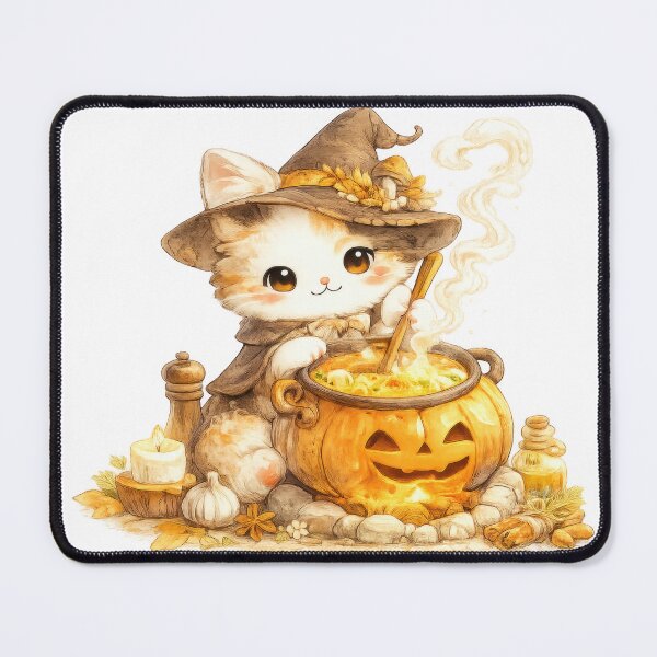 Item preview, Cute witch kitten stirring a glowing pumpkin cauldron designed and sold by jgvisualarts.
