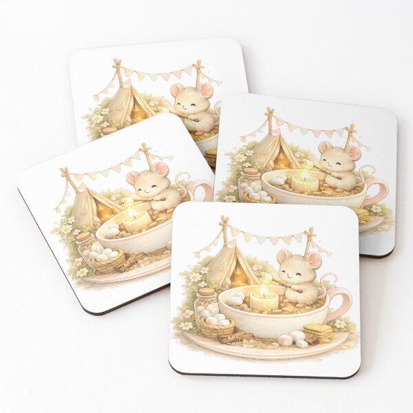 Item preview, Cute mouse roasting a marshmallow beside a candle in a teacup campsite designed and sold by jgvisualarts.