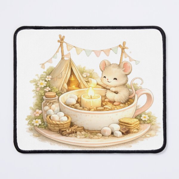 Item preview, Cute mouse roasting a marshmallow beside a candle in a teacup campsite designed and sold by jgvisualarts.