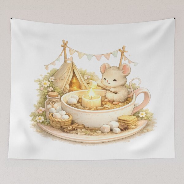 Item preview, Cute mouse roasting a marshmallow beside a candle in a teacup campsite designed and sold by jgvisualarts.