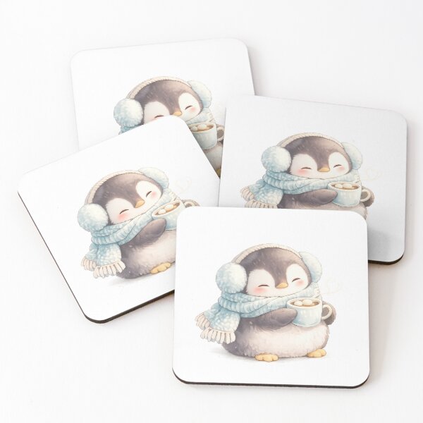 Item preview, Lindo pingüino con orejeras y bufanda sosteniendo chocolate caliente designed and sold by jgvisualarts.