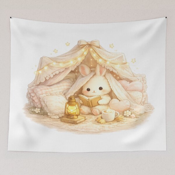 Item preview, Cute bunny reading under a blanket fort with fairy lights designed and sold by jgvisualarts.