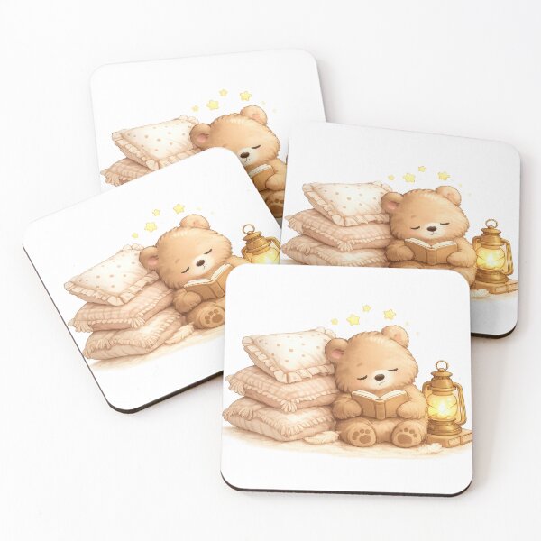 Item preview, Cute teddy bear reading a book beside pillows and lantern designed and sold by jgvisualarts.
