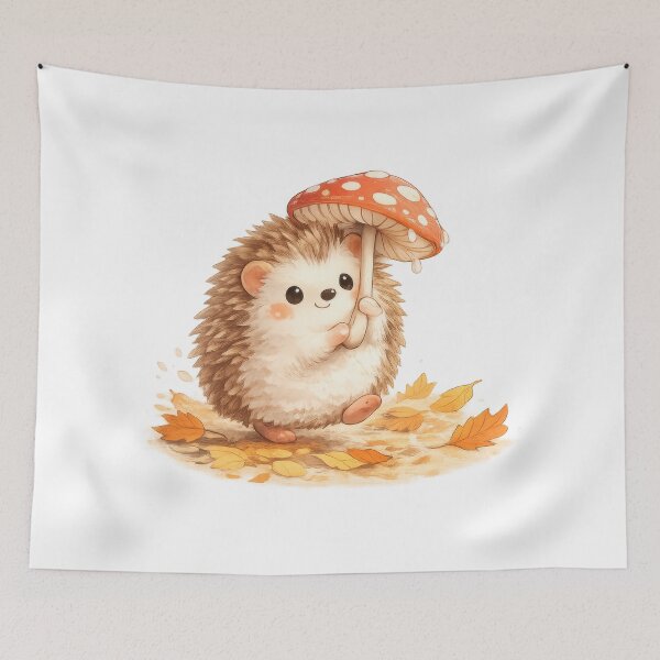 Item preview, Cute hedgehog holding a mushroom umbrella with falling autumn leaves designed and sold by jgvisualarts.