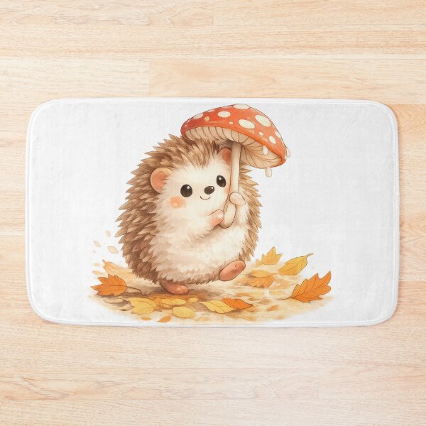 Item preview, Cute hedgehog holding a mushroom umbrella with falling autumn leaves designed and sold by jgvisualarts.