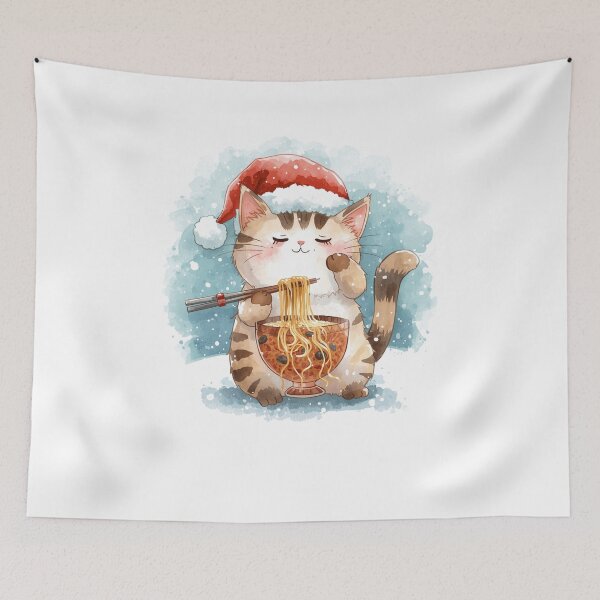 Aperçu de l'œuvre Le Père Noël Chat mange des nouilles ramen créée et vendue par JosueShop101.