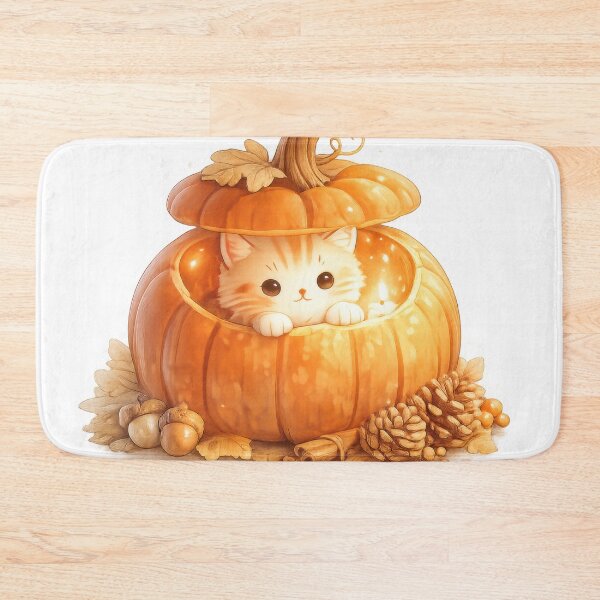 Item preview, Cute kitten inside a glowing pumpkin with autumn leaves and pinecones designed and sold by jgvisualarts.