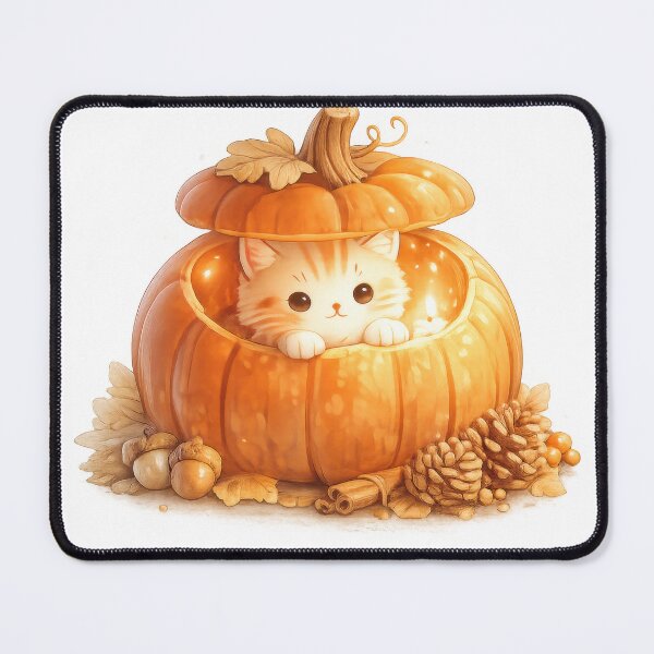 Item preview, Cute kitten inside a glowing pumpkin with autumn leaves and pinecones designed and sold by jgvisualarts.