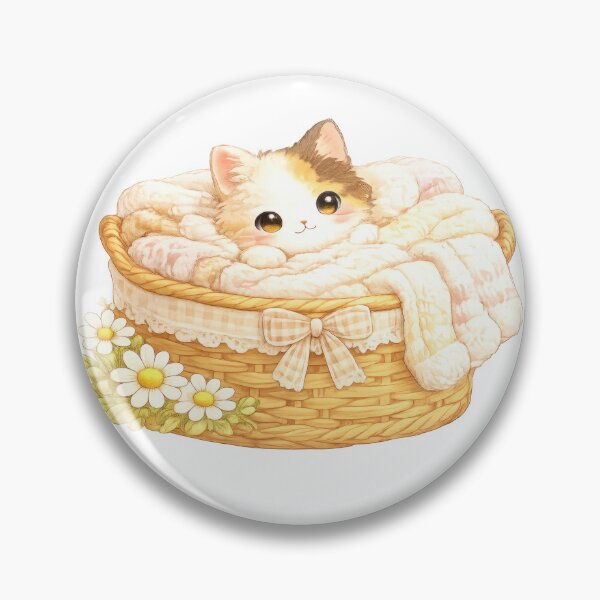 Item preview, Cute calico kitten resting in a wicker basket with cozy blankets and daisies designed and sold by jgvisualarts.