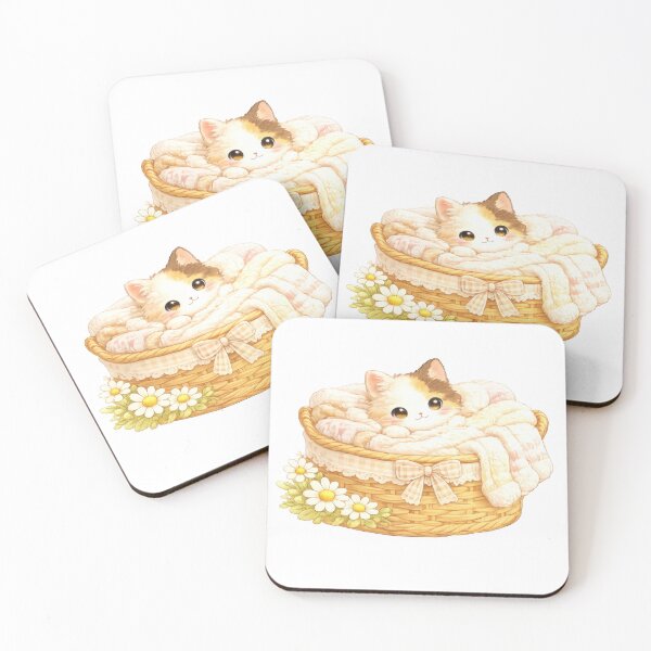 Item preview, Cute calico kitten resting in a wicker basket with cozy blankets and daisies designed and sold by jgvisualarts.