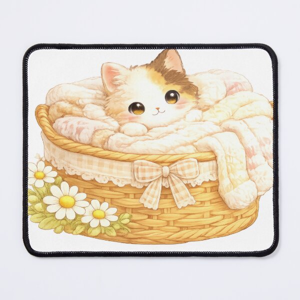 Item preview, Cute calico kitten resting in a wicker basket with cozy blankets and daisies designed and sold by jgvisualarts.