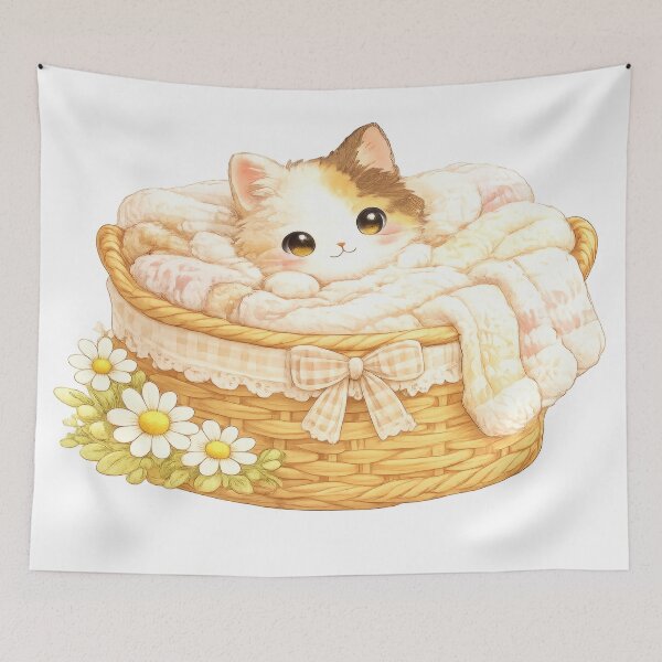 Item preview, Cute calico kitten resting in a wicker basket with cozy blankets and daisies designed and sold by jgvisualarts.