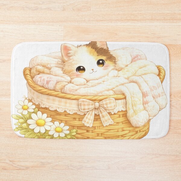 Item preview, Cute calico kitten resting in a wicker basket with cozy blankets and daisies designed and sold by jgvisualarts.