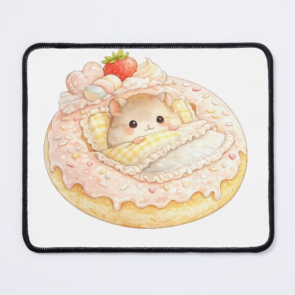 Item preview, Cute hamster tucked into a pink frosted donut bed with sweets designed and sold by jgvisualarts.