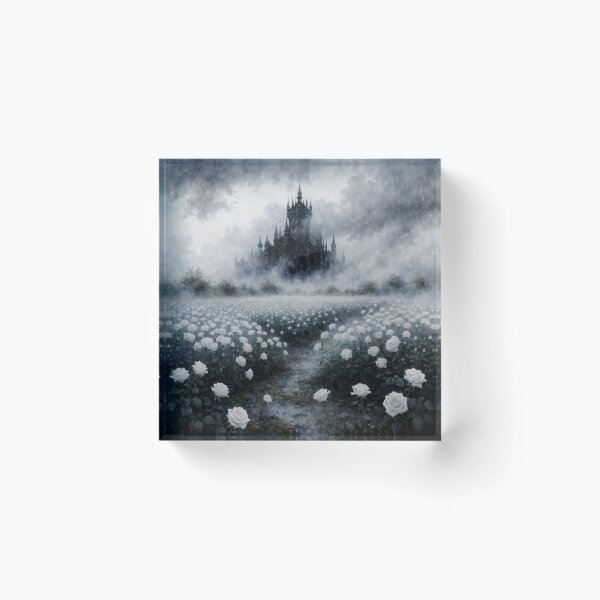 Item preview, Gothic White Rose Garden with Misty Castle – Dark Romantic Fantasy Landscape Art designed and sold by cr6zym1nd.