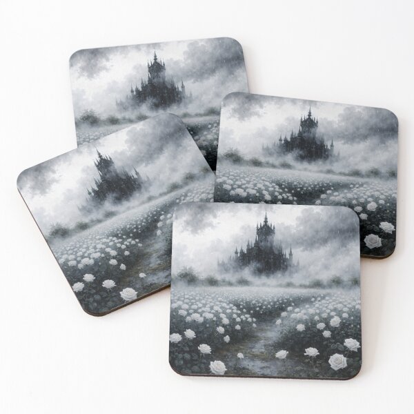 Item preview, Gothic White Rose Garden with Misty Castle – Dark Romantic Fantasy Landscape Art designed and sold by cr6zym1nd.