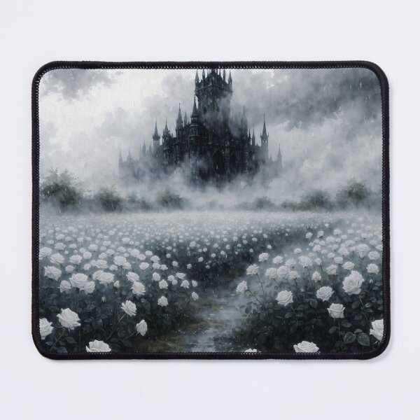 Item preview, Gothic White Rose Garden with Misty Castle – Dark Romantic Fantasy Landscape Art designed and sold by cr6zym1nd.